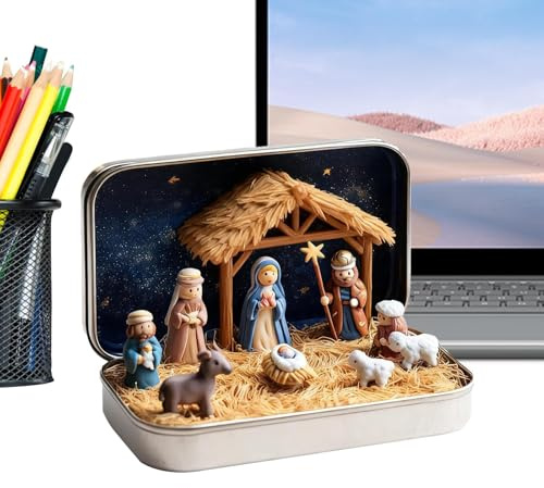 Bomefoi Mini Crèche en Boîte Métallique,Décoration Saisonnière de Noël pour Bureau | Décoration de Scène de la Nativité,pour Bibliothèque Cheminée Manteau Table De Nuit Salon Chambre Bureau Groupes
