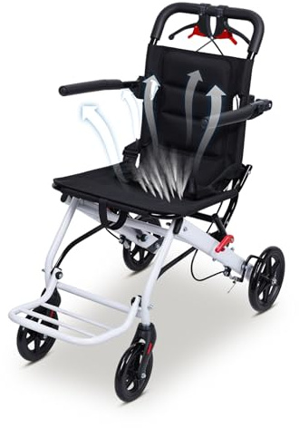 Super Lightweight Transport Wheelchair. Easy to Travel, Locking Hand Brakes, User-Friendly, Folding, Portable. for Adults or Child up to 220lbs (White)