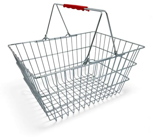 1x 22L Wire Shopping Basket with Red Handles, Zinc-Plated Metal, Lightweight & Stackable Retail Carry Basket for Supermarkets, Convenience Stores, Farm Shops