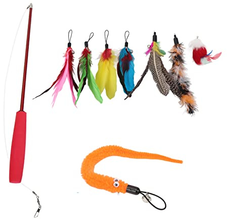YYALYYON for Cats Interactive Teaser Wand med infällbar stång, fjäderklockor Leksaker, 9 st set för inomhuslek Träningsbindning