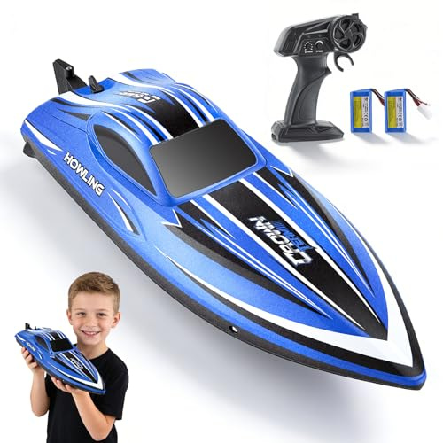 Bateau RC télécommandé, 35 km/h, bateau de course à grande vitesse avec coque étanche, 2 batteries, télécommande 2,4 GHz, éclairage LED, protection contre les chocs, alarme de portée, pour enfants et