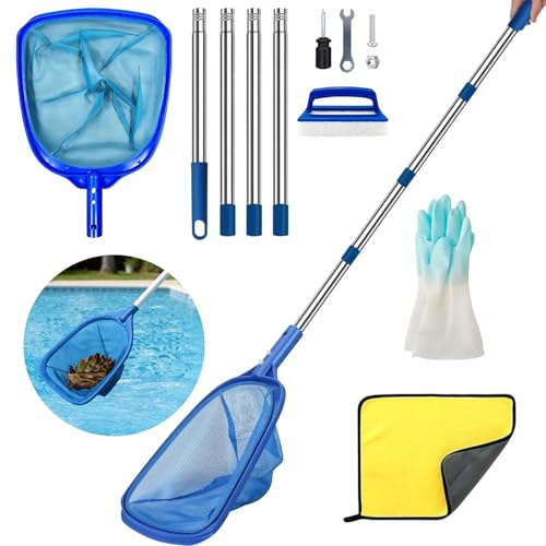 Kehigovi Recogehojas Piscinas 185cm, Limpiafondos Piscina con Varilla Telescópica, Swimming Pool Accessories, Viene con Cepillo Limpieza, Toalla, para Piscinas, Estanques, Parques Acuáticos