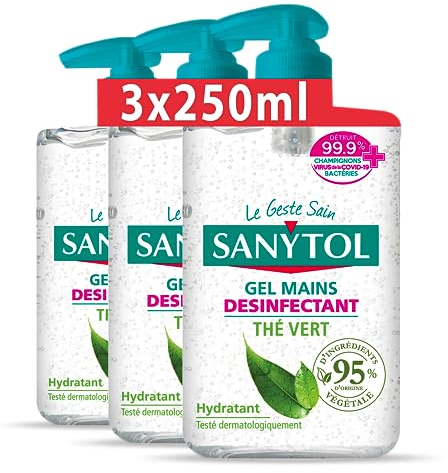 Sanytol - Gel Mains Désinfectant Thé Vert - 250 ml - Lot de 3 - Bactéricide, Virucide, Fongicide - Hydratant, Sans Rinçage, Ne Colle Pas - Testé Dermatologiquement