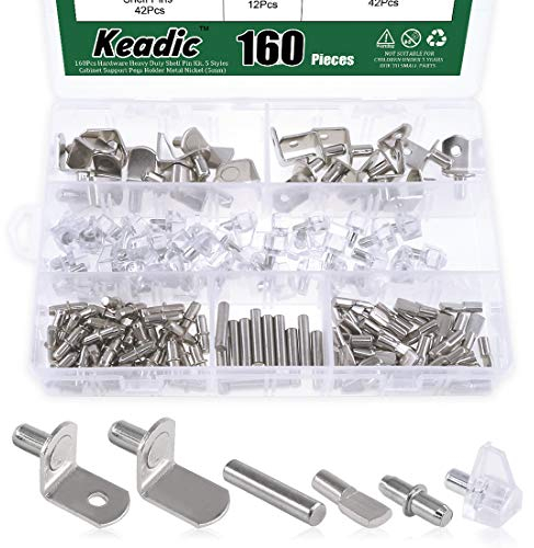 Keadic 160Pcs Nickel Plated Shelf Pegs Shelves Pins Kit, 5 Styles Hardware Heavy Duty Shelf Pin Cabinet Furniture Shelf Pins Support Bracket Pegs Cabinet Support Shelf Pins for Furniture (5mm & 6mm)