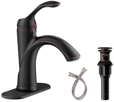 Homevacious Oil Rubbed Bronze Bathroom Faucet 1 Hole One-Handle Lever Bathroom Sink Faucets Bath Rustic Lavatory Basin Mixer Tap with Pop Up Drain with Overflow Supply Hose ORB