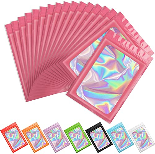 Artcut 100 PCS Smell Proof Mylar Bags Holographic Packaging Bags, Resealable Odor Proof Bag(Pink, 5.1 * 8.3inch)