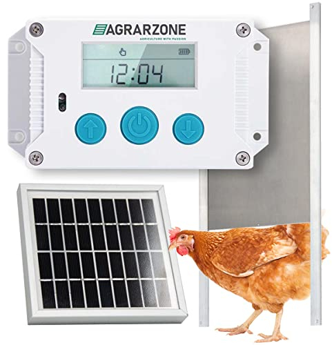 Agrarzone automatische Hühnerklappe Solar Wilma mit Schieber 30 x 40 cm | Elektrische Hühnertür mit Zeitschaltuhr, Lichtsensor & manuell | Hühnerstall Türöffner öffnet und schließt automatisch