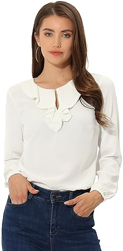 Allegra K Camicetta da donna a pois vintage a maniche lunghe con scollo a volant, Bianco-solido, M
