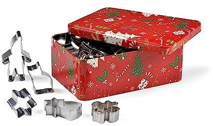 patisse 13720 – Boîte métal rouge imprimée sapin de Noël contenant 25 découpoirs ou emporte pièces inox assortis de Noël - sapin, lutin, ange, étoile, gingerman, sucre d’orge…, 20x14x7.5cm