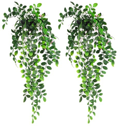 2 x künstliche Hängepflanzen, kleine künstliche Lysimachia-Pflanzen mit weißen, rosa Blumen für Heimdekoration, fast natürliche Aufhänger, Grün für Wand, Zimmer, Innen- und Außenbereich, Regaldekor