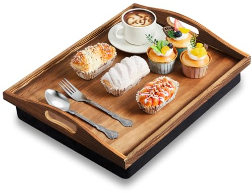 Tioncy 1 Piece Bamboo Lap Tray with Detachable Pillow 16.9'' x 13'' Lap TV Trays Desk with Handles for Adults Eating in Recliner Breakfast Housewarming Gift (Burn Color)