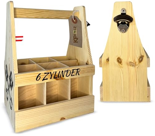 KF-Holz Bierträger mit Flaschenöffner (für 6 Flaschen) - Flaschenträger mit beidseitiger Druck - Männerhandtasche aus Holz