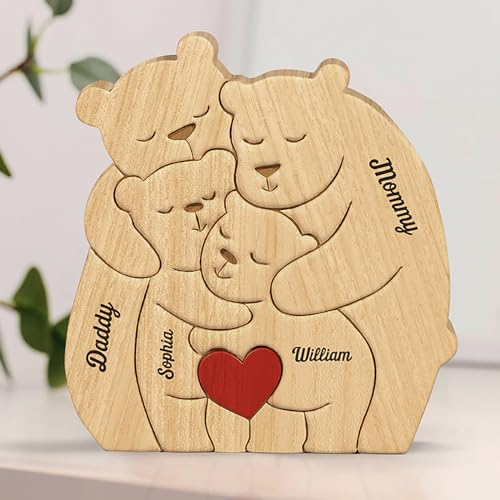 Drawelry Ours De Puzzle en Bois Personnalisé Animal Puzzles avec 1-10 Famille Membre Noms Bois Statue Sculpture Artistique Décoration Ornements Noël Anniversaire Cadeaux pour Mama, Papa, Enfants (B1)