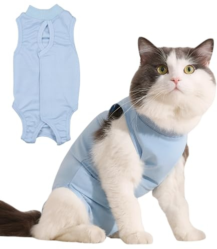 Katzenbody Nach-OP Kastration Anzug für Katzen - Haut-Krankheit Recovery Body Kleidung - Anti-leckend für Katze - Alternative zum E-Halsband (Blau, S)