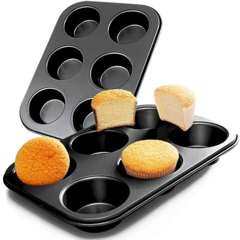 ASBAYSON 2 Packs Premium Steel Muffin Pan for Baking, Round Muffin Baking Pan, Baking Tray for Muffins, Cupcakes, Brownie(Black, 6 Cup)