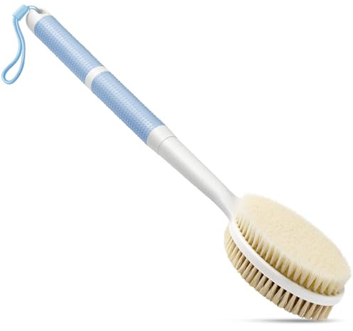 Backski ryggskrubbare halkfri för dusch med avtagbart borsthuvud, 48 cm duschborste med mjuka och styva borstar, långt handtag exfolierande kroppsskrubbare för bad eller torrborste.