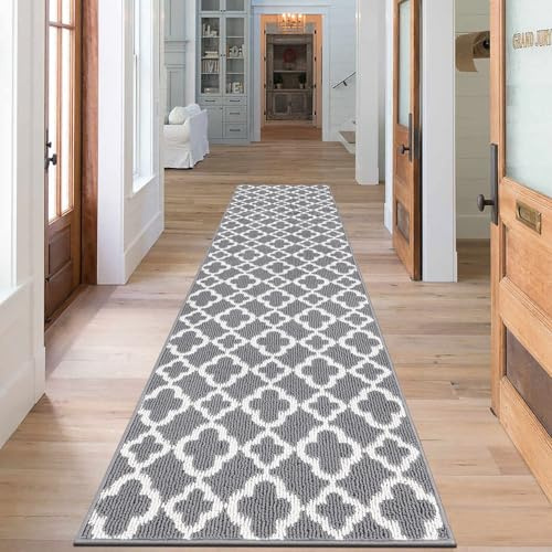 SHACOS Alfombra de Pasillo Gris 60x305cm Alfombra de Cocina Antideslizante Lavable Alfombra Entrada Casa Larga de Área Geométrica para Entrada, Cocina, Lavandería