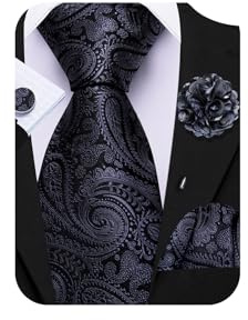 Barry.Wang Grey Tie 63 Paisley Silk Ties Set Pocket Square Cufflinks and Lapel Pin Extra Long Necktie Wedding
