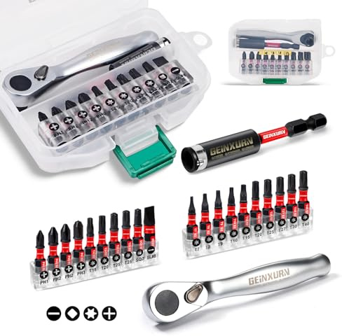 Geinxurn 22pieces Ratchet & Bit Driver Set, Magnetic S2 Steel 1”Insert Bits Tips with Base,Impact Bit Holder and Mini Wrench with Storage Box