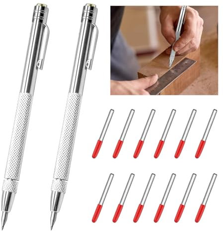 2 + 12 Stylos à Tracer en Carbure de Tungstène avec 12 Pointes a Tracer de Marquage de Rechange, Outils de Traçage pour Tôle, Céramique, Verre, Bois, Plastique et Carrelage, Stylo à Traçage Magnétique
