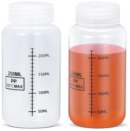 UMETASS PP-provflaskor med skala – laboratoriekvalitet förvaringsflaskor med bred hals för vätskor, med tätningslock, kemikaliebeständigt (genomskinlig färg, 250 ml)