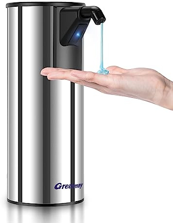 Greatmay Dispenser automatico di sapone, in acciaio inossidabile, pompa disinfettante per le mani ricaricabile, 4 livelli regolabili, erogatore elettrico intelligente, adatto per bagno, cucina