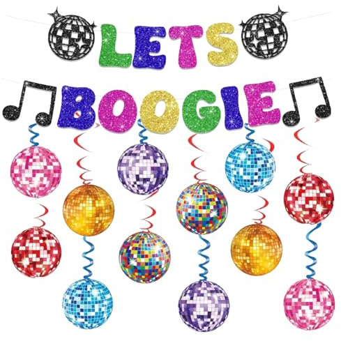 Disco Theme Party Banner Decorations - Glitter Let's Boogie Banner, Disco Ball Decorations, Photo props, Hanging Swirls Ceiling Supplies for Birthday Party Dance 70s 80s 90s Retro Decoration
