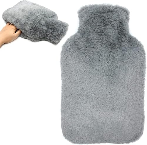 Cokomono Bolsa de Agua Caliente con Funda de Peluche, Bolsa de Agua Grande 2L Antifugas con Bolsillo Canguro, Gris y Suave - para Terapia de Calor, Regalo para Mujer, Noches Frías