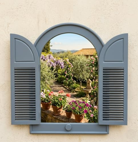 DEENZ Decorative Window Double Door Shutter Panels Wall Mounted Bordered Mirror Grey Finish Antique Style Arched From Top Louvred Ornamental Vintage Design Large Size Home Decoration Idea 49 X 57 Cm