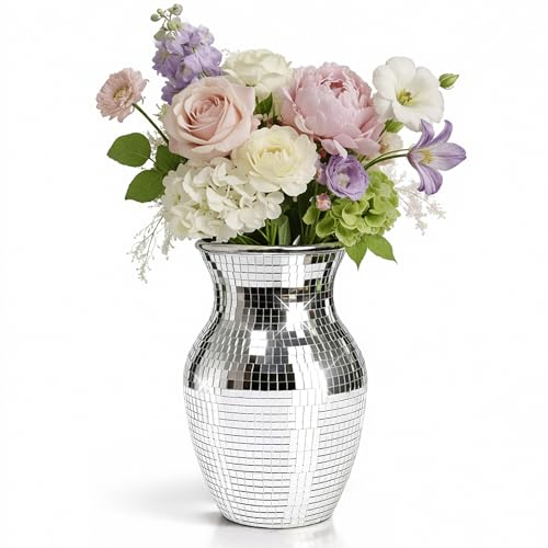 Vaso in mosaico a specchio stile palla da discoteca, vetro 20 cm per centrotavola e decorazione casa, argento
