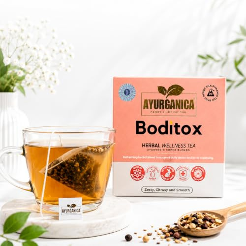 Ayurganica Boditox Herbal Tea with 9 Active Ingredients - 20 Counts – Detox Tea For Liver & Body Cleanse – Lemon Balm, Turmeric, Green Tea, Licorice & Lemongrass – Silk Pyramid Individual Tea Bags