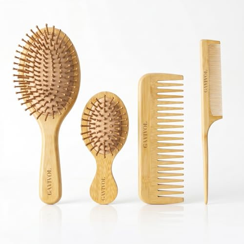 GAVIVOL Set di 4 spazzole per capelli in bambù, grande e piccola, spazzola massaggiante con cuscino in bambù, pettine a coda a denti fini e pettine a denti larghi, spazzola districante per capelli