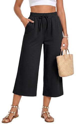 Sahunfri Womens Cropped Trousers 3/4 Length High Waisted Wide Leg Ladies Drawstring Elastic Waist with Pockets Summer Beach Cropped Trousers