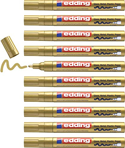 edding 750 Glanzlackmarker - gold - 10 Lackmarker - Rundspitze 2-4 mm - Lackstift für Glas, Stein, Holz, Kunststoff und Papier - wasserfest, stark deckend