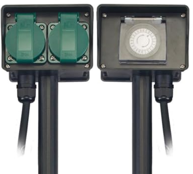 Perel Multiprise de Jardin avec Piquet, minuterie, 2 Prises schuko (Type F), 2 clapets, 1.5 m, 3G1.5, IP44, Noir/Vert