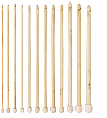Weiye 12pcs Afghan Tunisian Bamboo Crochet Hooks, Handle Knit Knitting Needles Kit Single Point Knitting Needles Size 3.0-10.0mm, 9.84inch