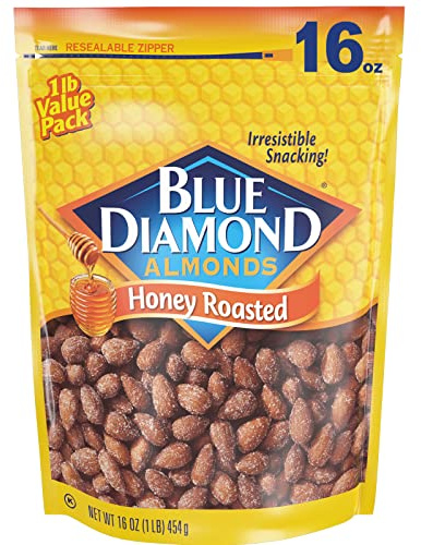 Blue Diamond Almonds Honey Roasted Snack Almonds, Party Salty Snack, Plant-Based Protein and Fiber, After School Snacks, Events, Holidays and Lunch, 16Oz, 1 Pound (Pack of 1)