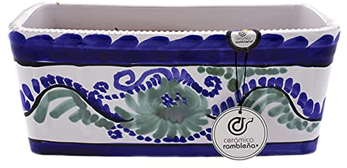 CERÁMICA RAMBLEÑA | Jardinera Balcón Exterior Rectangular - Decorado Granadino - Modelo J04 | 100% Decorada a Mano | 30x13x13 cm