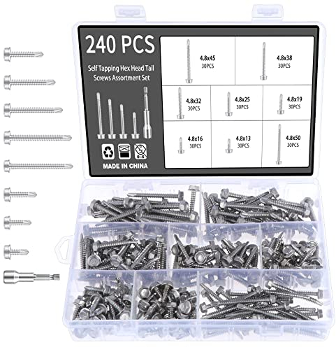 Gueenky 240 Piezas Tornillos Autotaladrantes Cabeza Hexagonal, 4,8x13-50mm Tornillos Autoperforantes Inox Tornillos Autorroscantes, 8 Tamaños Tornillos Autotaladrantes Metal, con Llave de Vaso