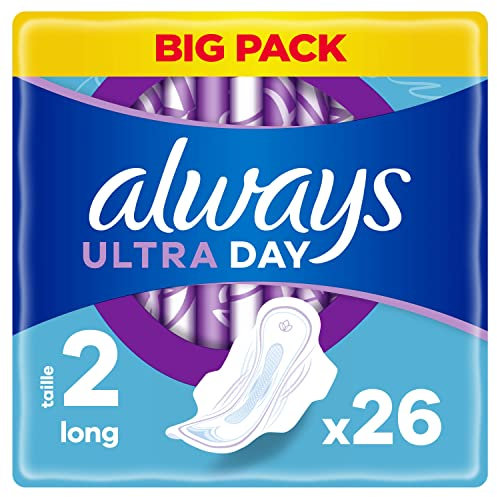 Always Ultra Serviettes Hygiéniques, Taille 2, Long, 26 Serviettes Avec Ailettes, Flux Modérés Jour, Max Confort, Super Absorbantes et Ultra Fines