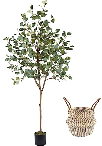 Warmplants Artificial Eucalyptus Tree, 6ft Tall Fake Eucalyptus Plant with Basket, Green Silver Dollars Silk Leaves Faux Tree for Home Office Livingroom Floor Decor Indoor