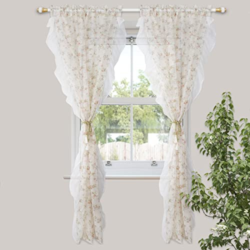 Ricemru Boho Blumen Gardinen Transparent Rosa Muster Rüschen mit Stangendurchzug Vintage Landhaus Voile Vorhang Lichtdurchlässig Romantisch Fenstervorhang Dekoschal 2er Set Wohnzimmer,132x244cm