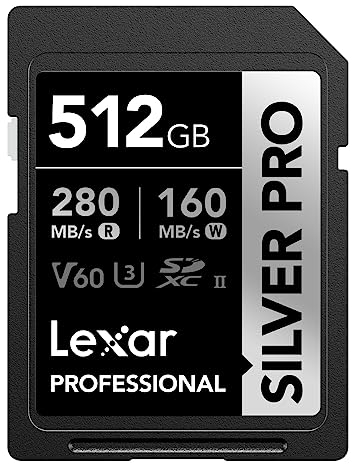 Lexar SILVER PRO SD Karte 512GB, UHS-II SD Speicherkarte, V60, U3, C10, bis zu 280MB/s Lesen, 160MB/s Schreiben, SDXC-Karte für DSLR/Kamera/Fotografen/Videofilmer/Enthusiasten (LSDSIPR512G-BNNAA)