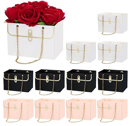 PATIKIL Flower Gift Box, 12 Pcs Paper Bouquet Flower Gift Bag with Handle Rectangle Metal Chain Tote for Florist Wedding Party Birthdays Day Bridal Shower, Pink & Black & White