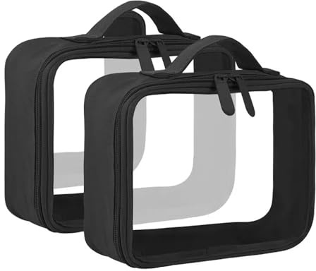 FonVan 2 Piezas Neceser de Aseo Transparente, TSA Aprobado Neceser de Viaje para Avión, Bolsa de Aseo de Viaje Transparente, para Mujeres y Hombres con Correa de asa, Impermeable, PVC (Negro)