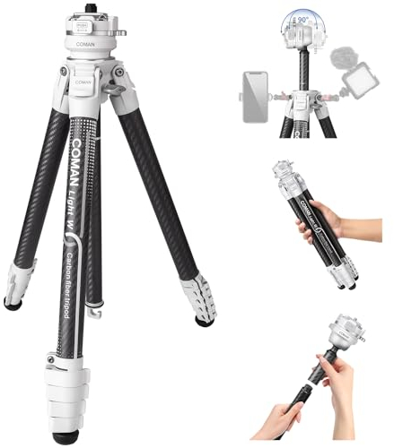COMAN Carbon Fiber Kamera Stativ, 1.16Kg Leichtes Reisestativ, 62.2 inch Kompakt Aluminium Tripod, Videostativ mit 360 Grad Kugelkopf und Arca Plate, Handystativ Für den Innen- und Außeneinsatz,White
