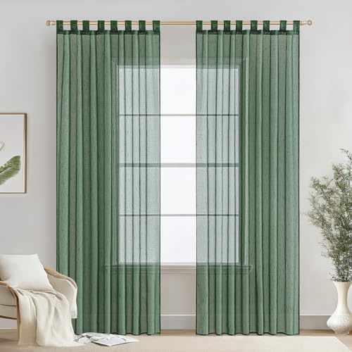 MIULEE Tende Voile Traspiranti Verde Scuro per interni, Tende con Passanti Minimaliste a Colori Puri in Finto Lino 2 Pezzi per Soggiorni e Camere da Letto,140×245cm