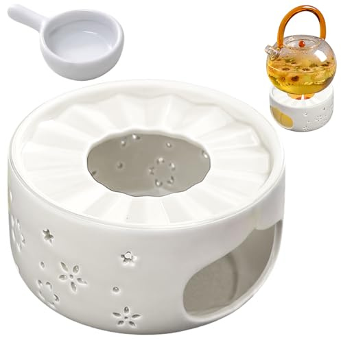 Calentador de té de cerámica con portavelas y diseño tallado hueco – Calientaplatos para teteras y café