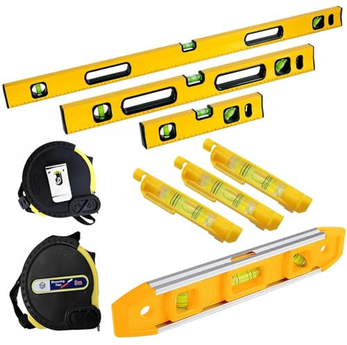 Magnetic Alloy Spirit Level Set Torpedo Level 5M Measuring Tape 45/90/180 Degrees 3 String Hanging Bubble Line Leveller Heavy Duty Tool for DIY Builders Bricklayer Carpenter Scaffolding Level 8-Pcs