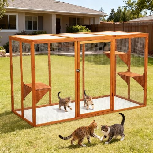 Catio Outdoor Cat Enclosure, 180 x 80 x108 cm Cattery Outdoor for Cats House Cage Indoor, Wooden Catio with Lockable Door, 3 Platforms, Weatherproof, Accommodate Up to 5-7 Cats